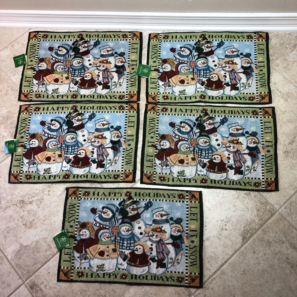 Set Of 5 Christmas Tapestry Placemats Let It Snow Happy Holidays Snow Man Family